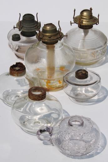 photo of antique oil lamps lot, collection of old glass lamp bases for kerosene lamps #1
