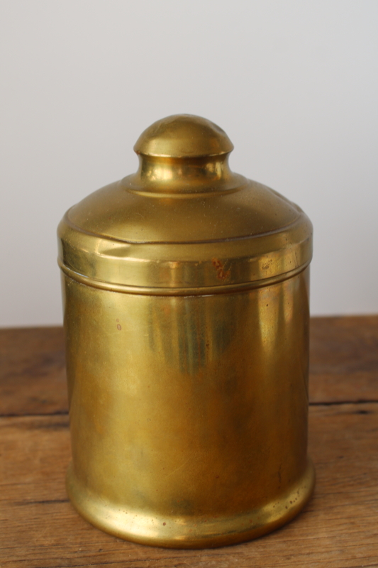 photo of antique or vintage brass canister, unlined can w/ lid, tobacco tin humidor  #2