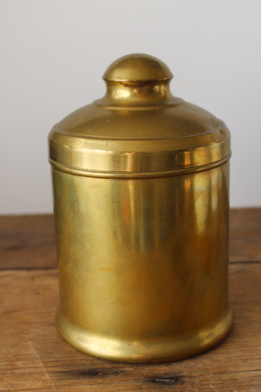 photo of antique or vintage brass canister, unlined can w/ lid, tobacco tin humidor  #3