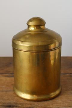 catalog photo of antique or vintage brass canister, unlined can w/ lid, tobacco tin humidor 