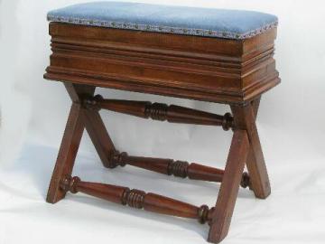 catalog photo of antique organ bench piano stool, Victorian vintage music storage seat