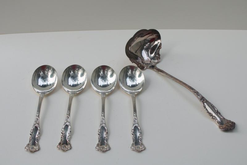 photo of antique ornate silver plate flatware, Oxford Wm Rogers round soup spoons & ladle #1