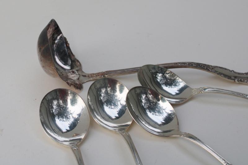 photo of antique ornate silver plate flatware, Oxford Wm Rogers round soup spoons & ladle #4