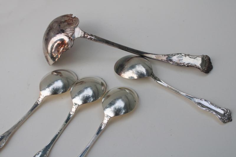 photo of antique ornate silver plate flatware, Oxford Wm Rogers round soup spoons & ladle #5