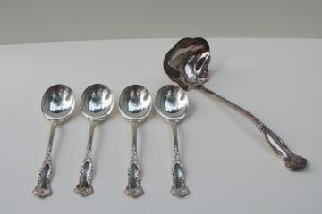 antique ornate silver plate flatware, Oxford Wm Rogers round soup spoons & ladle