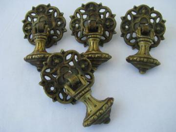 catalog photo of antique ornate teardrop tassel drawer pulls, early 1900s vintage hardware lot