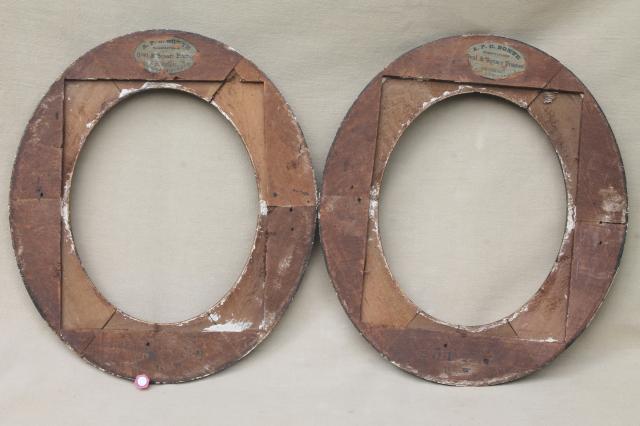 photo of antique oval wood picture frames, portrait frame pair w/ 1860s vintage paper label #10