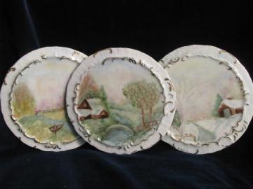 catalog photo of antique painted china tea table trivets, kettle rests w/ landscape scenes