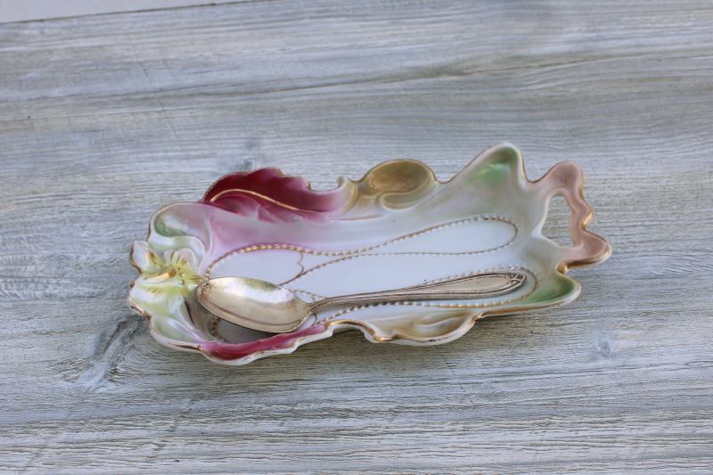 photo of antique painted luster china tray for little tea spoons, RS Prussia style floral mold #1