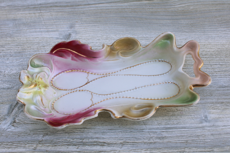 photo of antique painted luster china tray for little tea spoons, RS Prussia style floral mold #2