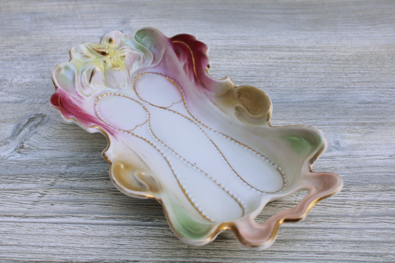 photo of antique painted luster china tray for little tea spoons, RS Prussia style floral mold #3