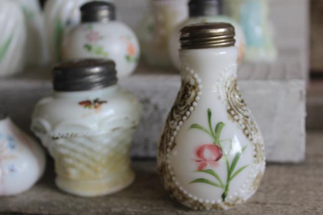 photo of antique painted milk glass shakers, turn of the century vintage pressed pattern glass #2