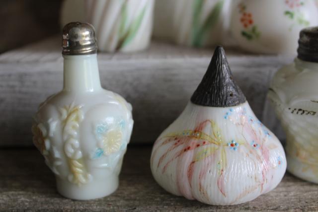 photo of antique painted milk glass shakers, turn of the century vintage pressed pattern glass #3