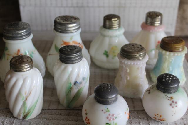 photo of antique painted milk glass shakers, turn of the century vintage pressed pattern glass #4