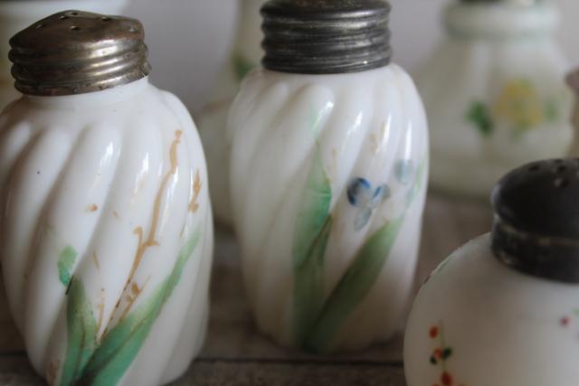 photo of antique painted milk glass shakers, turn of the century vintage pressed pattern glass #5