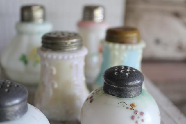 photo of antique painted milk glass shakers, turn of the century vintage pressed pattern glass #6