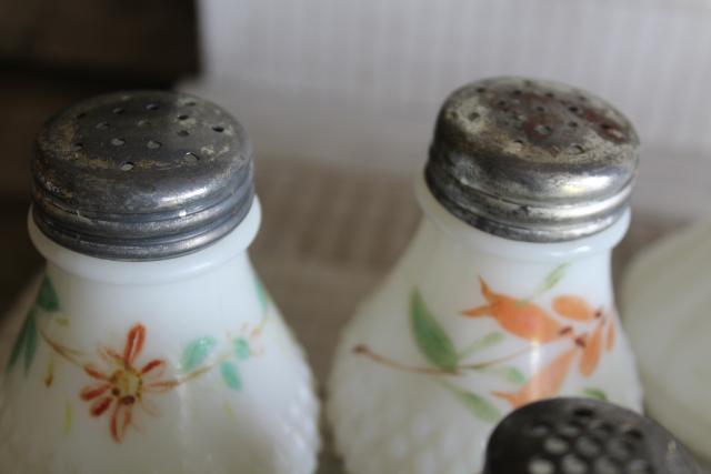 photo of antique painted milk glass shakers, turn of the century vintage pressed pattern glass #8