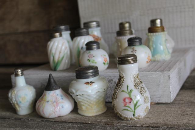 photo of antique painted milk glass shakers, turn of the century vintage pressed pattern glass #9