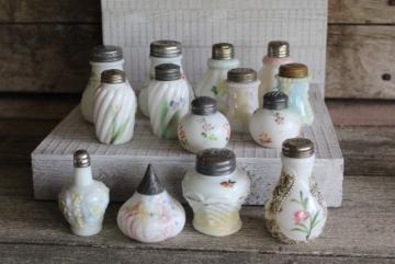 catalog photo of antique painted milk glass shakers, turn of the century vintage pressed pattern glass