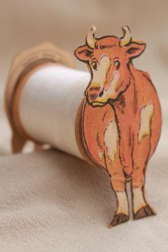 catalog photo of antique paper trade card Coats & Clark sewing thread advertising, toy cow to make w/ spool