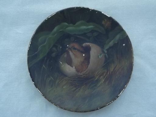 photo of antique papier mache plate, baby chick painted paper mache wall art #1