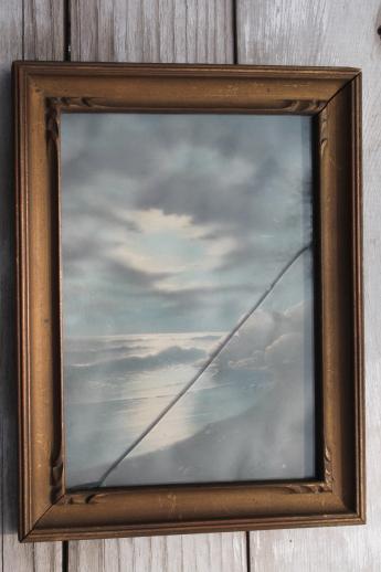 photo of antique pastel landscape, miniature seascape painting in original old wood frame #1