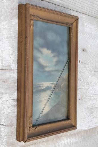 photo of antique pastel landscape, miniature seascape painting in original old wood frame #2