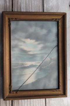 catalog photo of antique pastel landscape, miniature seascape painting in original old wood frame