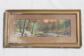 catalog photo of antique pastel landscape, miniature seascape painting in original old wood frame