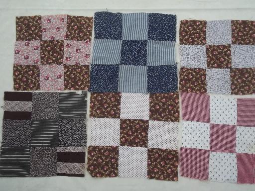 photo of antique patchwork quilt blocks lot, early old cotton print calico fabric #4