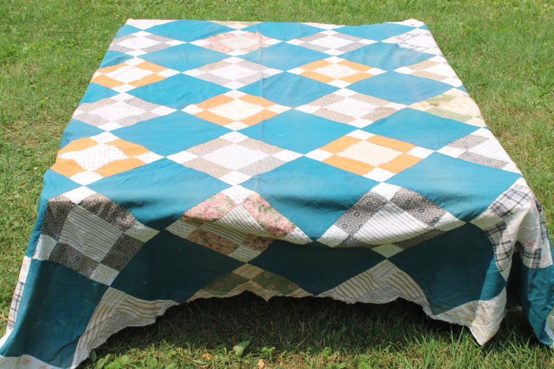 photo of antique patchwork quilt top, vintage cotton shirting fabrics, teal green & orange blocks  #1
