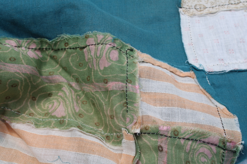 photo of antique patchwork quilt top, vintage cotton shirting fabrics, teal green & orange blocks #2