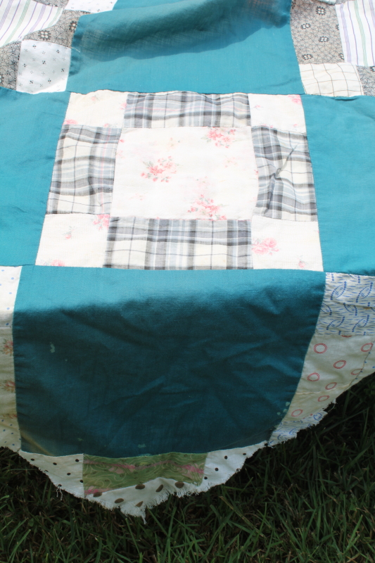 photo of antique patchwork quilt top, vintage cotton shirting fabrics, teal green & orange blocks #3