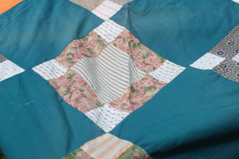 photo of antique patchwork quilt top, vintage cotton shirting fabrics, teal green & orange blocks #4