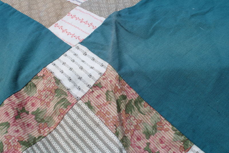 photo of antique patchwork quilt top, vintage cotton shirting fabrics, teal green & orange blocks #5