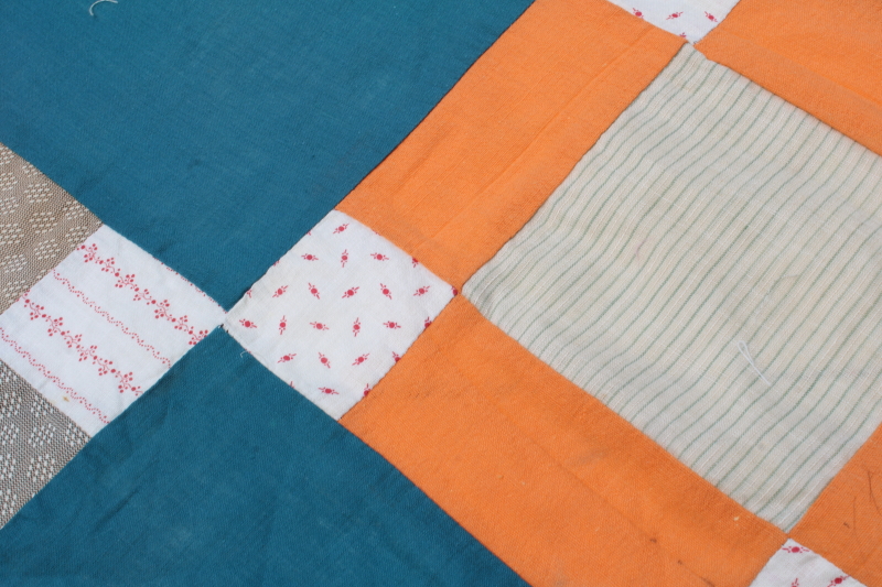photo of antique patchwork quilt top, vintage cotton shirting fabrics, teal green & orange blocks #6