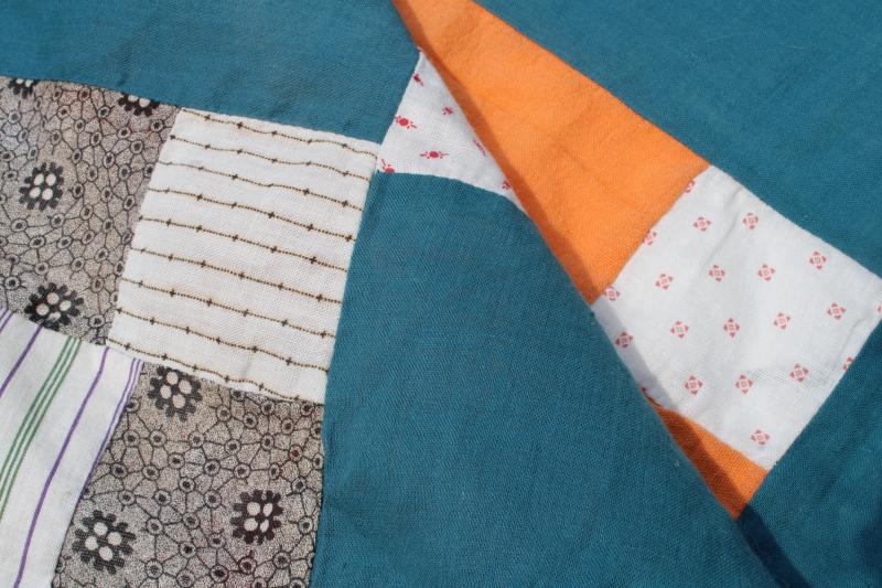 photo of antique patchwork quilt top, vintage cotton shirting fabrics, teal green & orange blocks #7