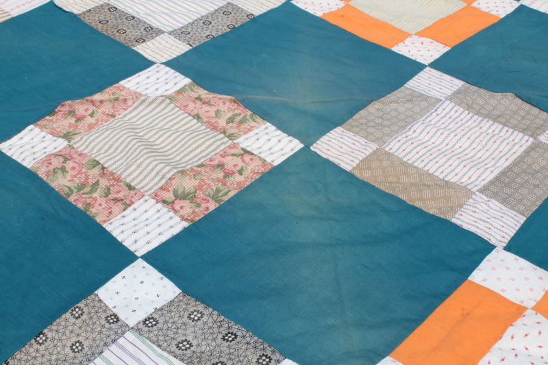 photo of antique patchwork quilt top, vintage cotton shirting fabrics, teal green & orange blocks #8