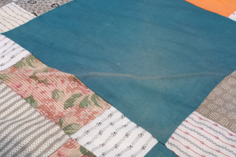 photo of antique patchwork quilt top, vintage cotton shirting fabrics, teal green & orange blocks #9