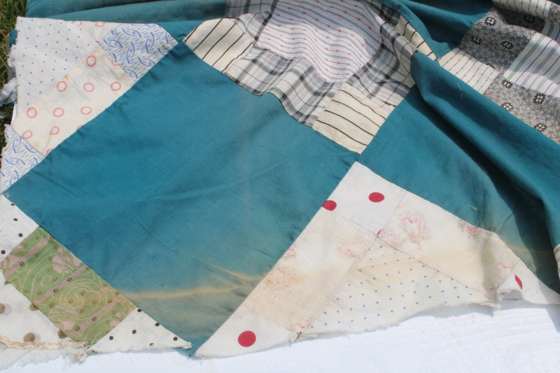 photo of antique patchwork quilt top, vintage cotton shirting fabrics, teal green & orange blocks #10