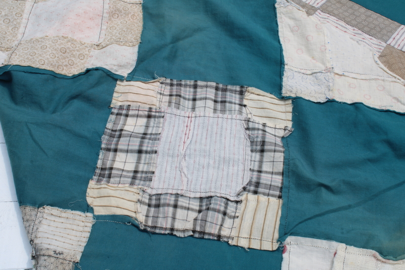 photo of antique patchwork quilt top, vintage cotton shirting fabrics, teal green & orange blocks #11