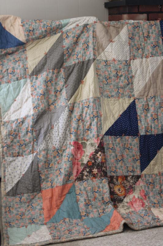 photo of antique patchwork tied quilt, early 1900s vintage cotton fabrics comforter bedspread #1