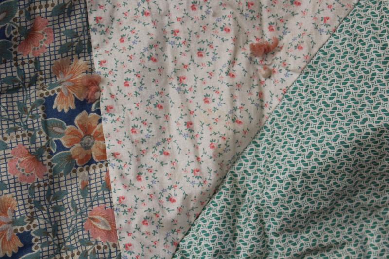 photo of antique patchwork tied quilt, early 1900s vintage cotton fabrics comforter bedspread #2