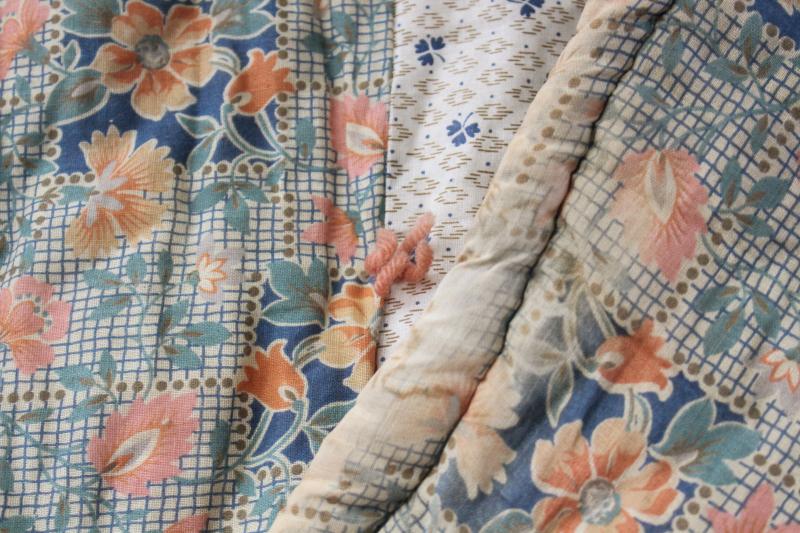 photo of antique patchwork tied quilt, early 1900s vintage cotton fabrics comforter bedspread #4