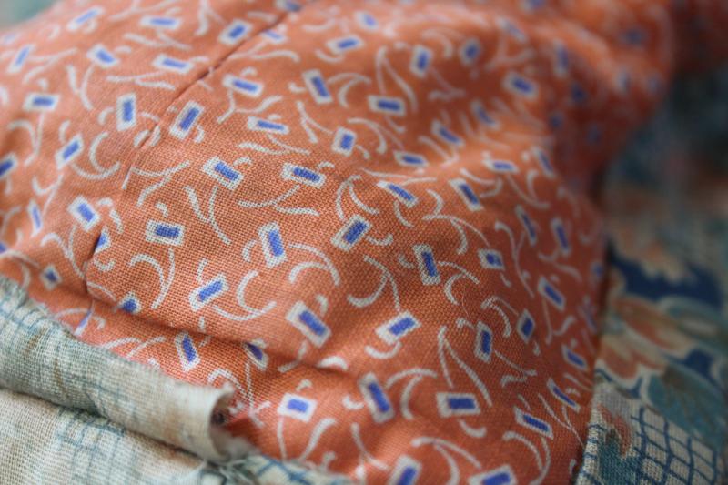 photo of antique patchwork tied quilt, early 1900s vintage cotton fabrics comforter bedspread #5