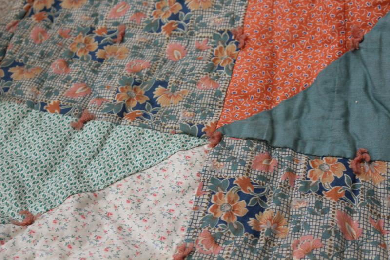 photo of antique patchwork tied quilt, early 1900s vintage cotton fabrics comforter bedspread #6