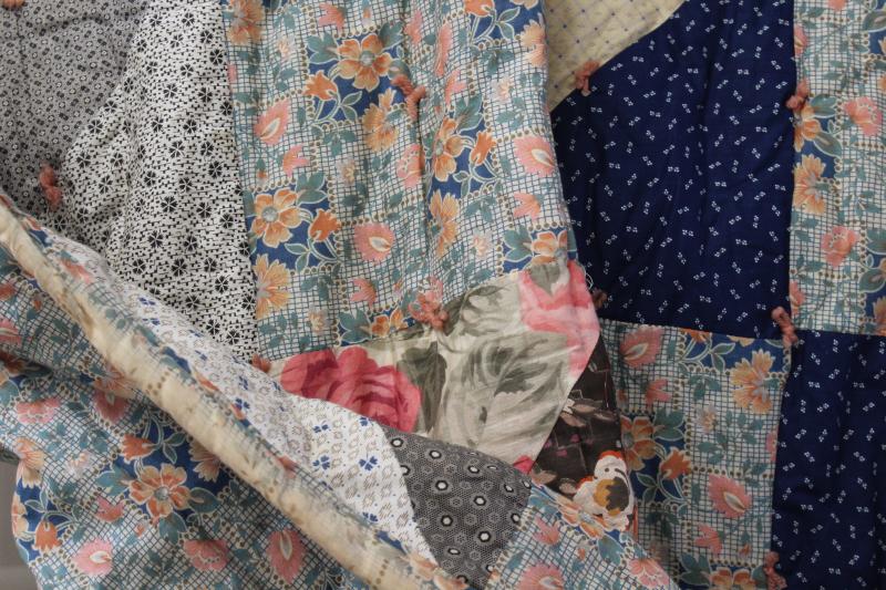 photo of antique patchwork tied quilt, early 1900s vintage cotton fabrics comforter bedspread #8