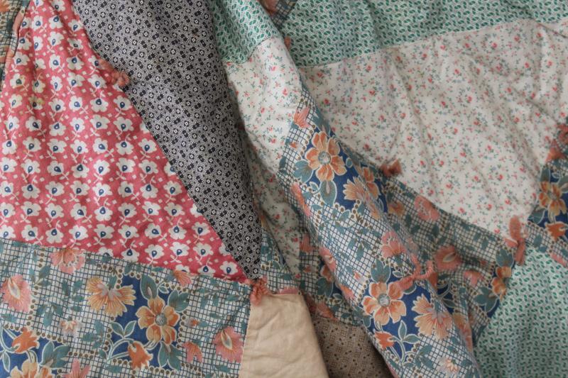 photo of antique patchwork tied quilt, early 1900s vintage cotton fabrics comforter bedspread #10