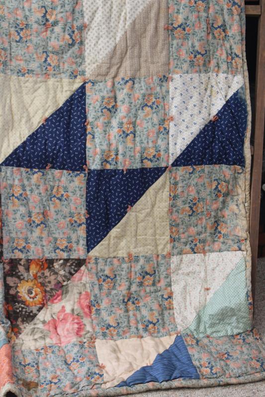 photo of antique patchwork tied quilt, early 1900s vintage cotton fabrics comforter bedspread #12