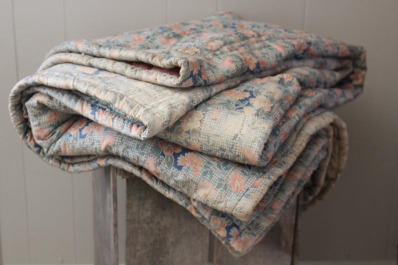 photo of antique patchwork tied quilt, early 1900s vintage cotton fabrics comforter bedspread #18